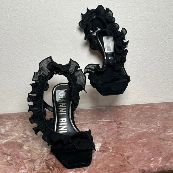 GIANNI BINI NEW BLACK RUFFLED HEELS - Picture 8 of 9
